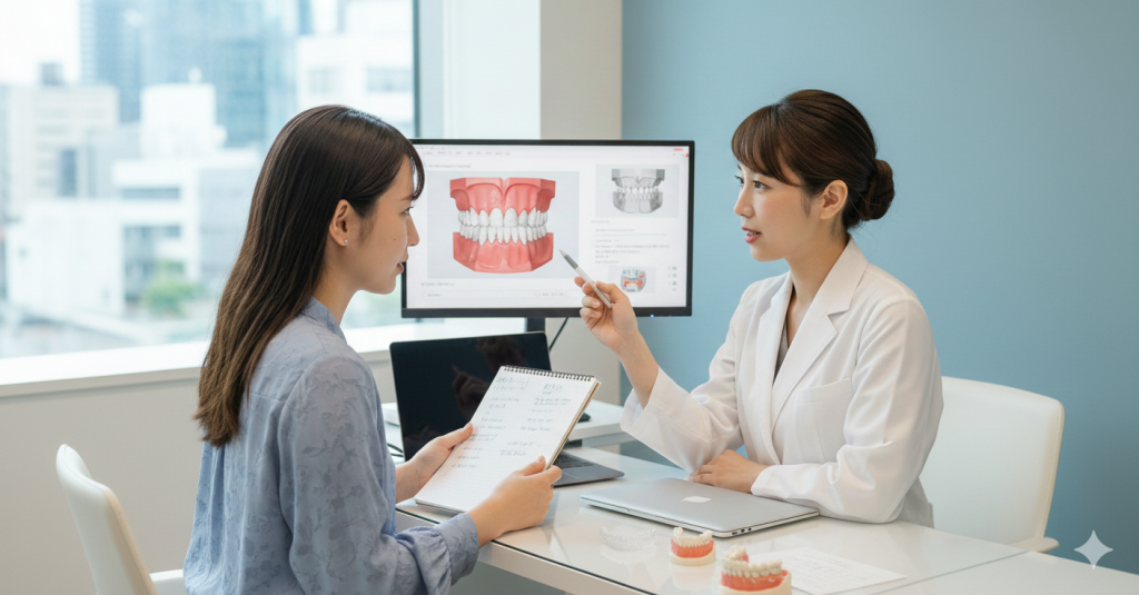 無料初回検診で矯正相談中の女性が質問メモを見ている様子（三ノ宮駅前デンタル矯正歯科）